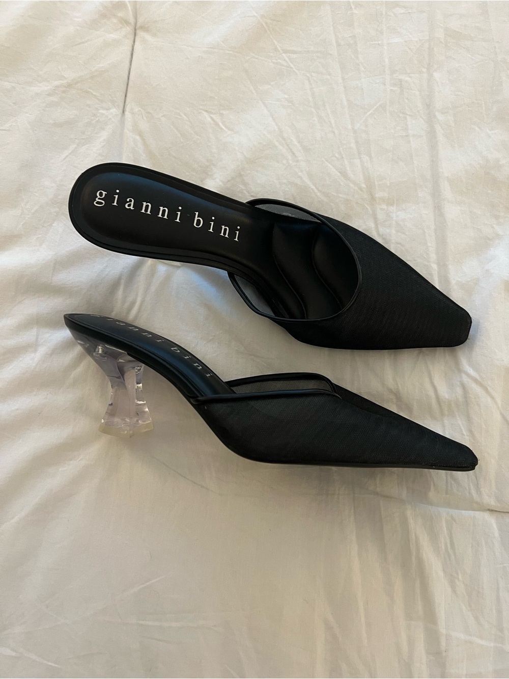 Gianni Bini Black Pointed Mesh Sculpted Heel Mules